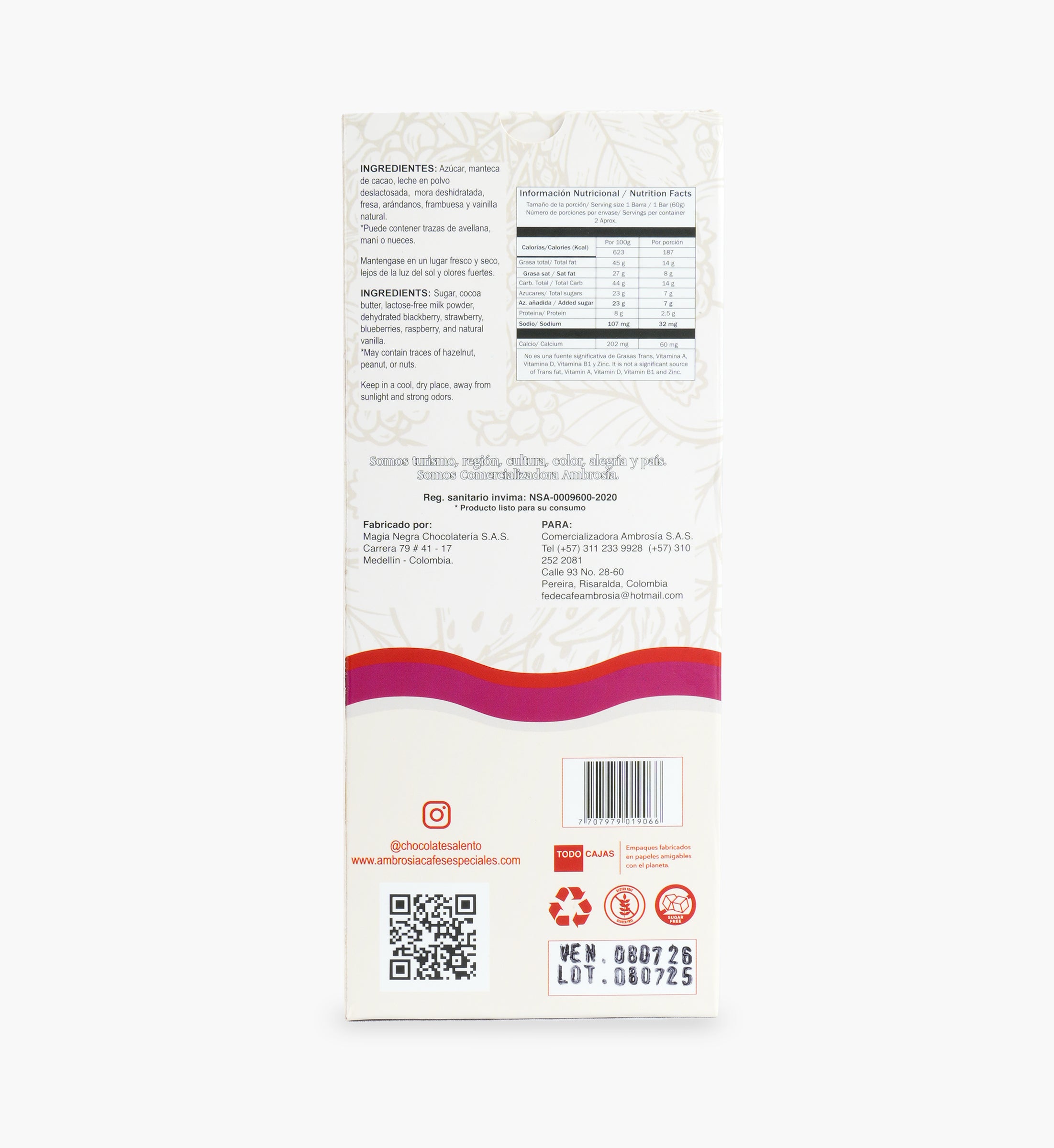 Chocolatina Blanca Salento®  Frutos Rojos 33% Cacao